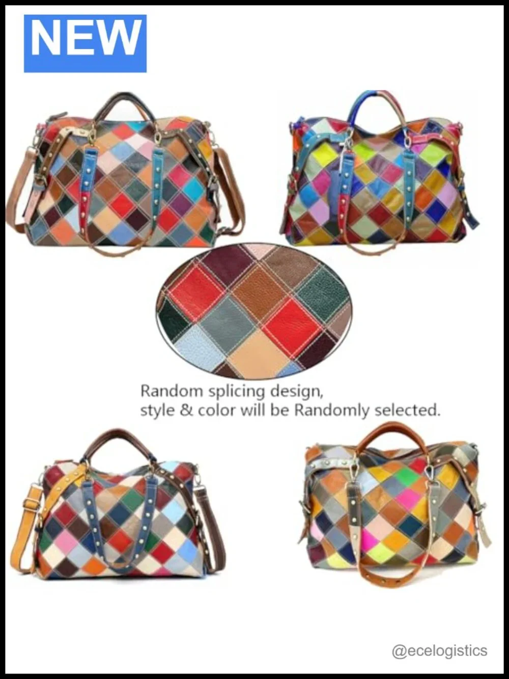 Genuine Leather Multicolor Cube Splicing Satchel Handbag Shoulder Bag with 3